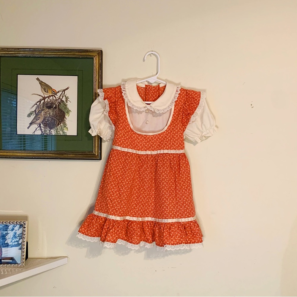 Vintage 80s Peach Prairie Style Ruffle Sleeve Pinafore Dress Sz 3